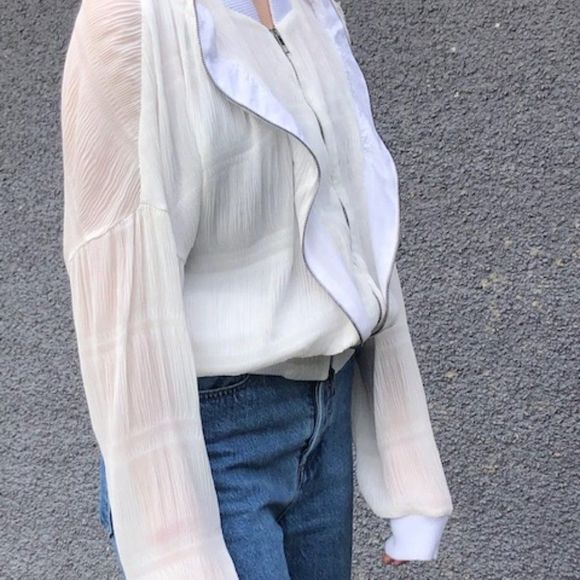 🤍 SUPERFINE Sheer White Ruffled Bomber Jacket - Picture 8 of 14
